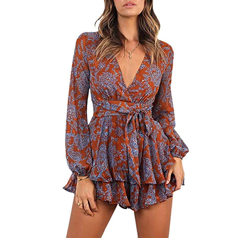 image-autumn and winter cross-border 2020 foreign trade new women's sexy V-neck dyed floral waist casual cocktail dress