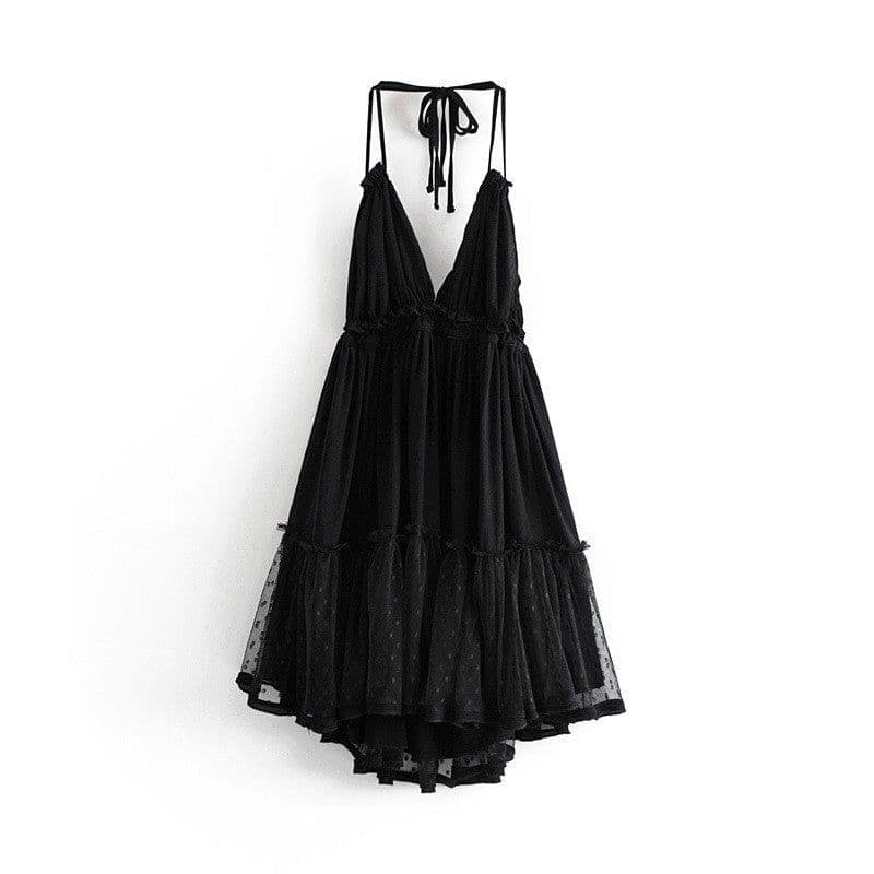 image-Foreign Trade 2022 Summer New European and American V-neck Waist Slim Hem Mesh Stitching Backless Suspender Dress Women
