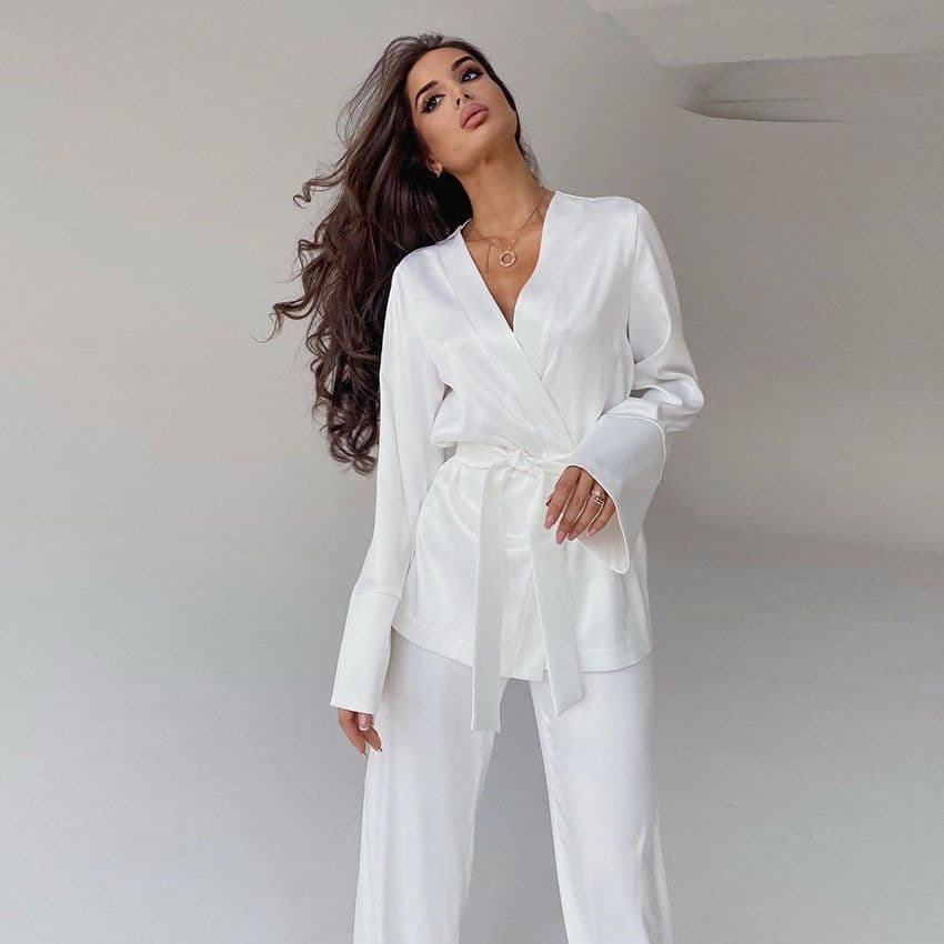 image-Ice Silk Pajama Set - Long Sleeve Nightgown Women's