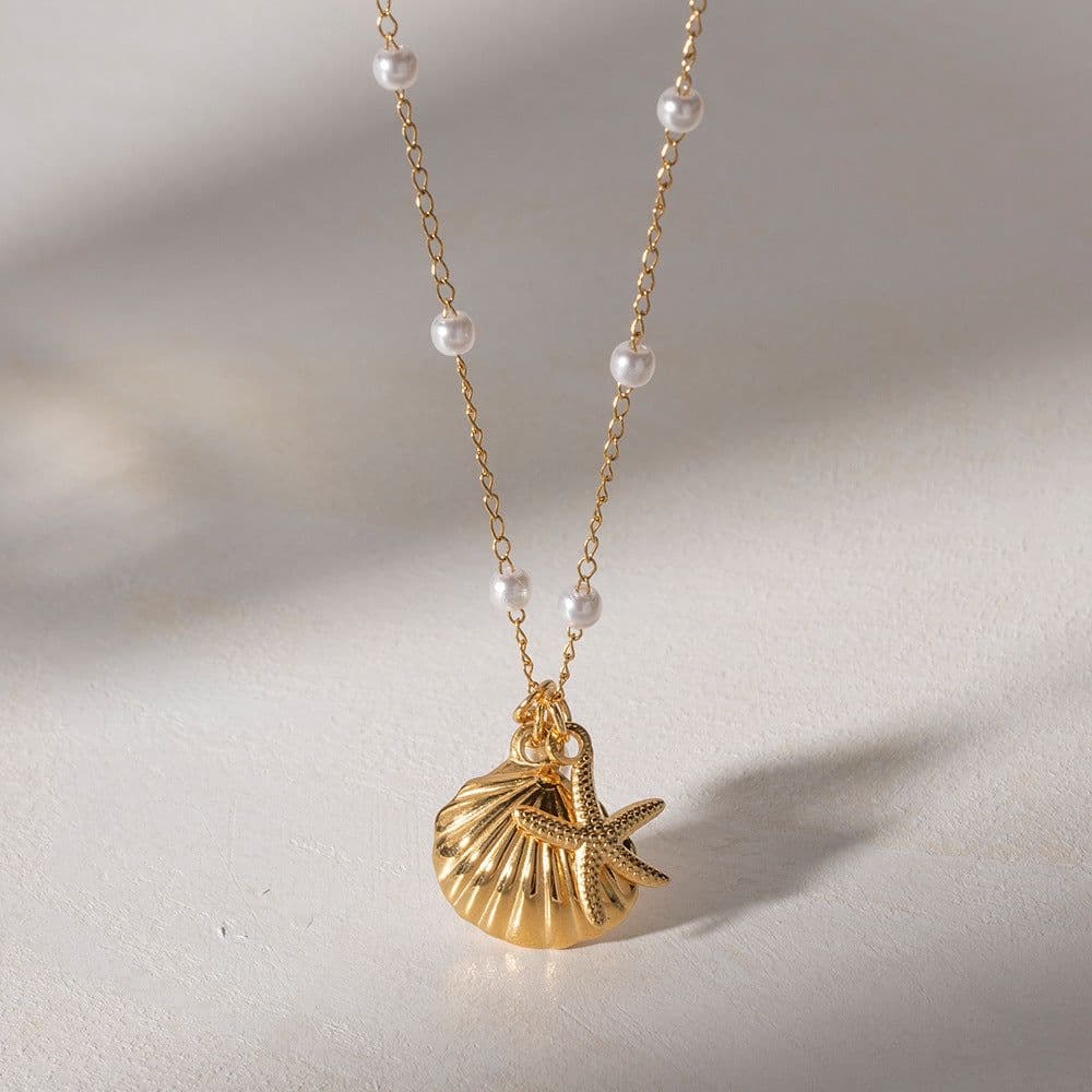 image-Pearl Starfish Shell Necklace - Stainless Steel Women's