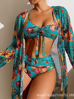 image-Women's 3-Piece Bikini Set - Green Long Sleeve Cover-Up