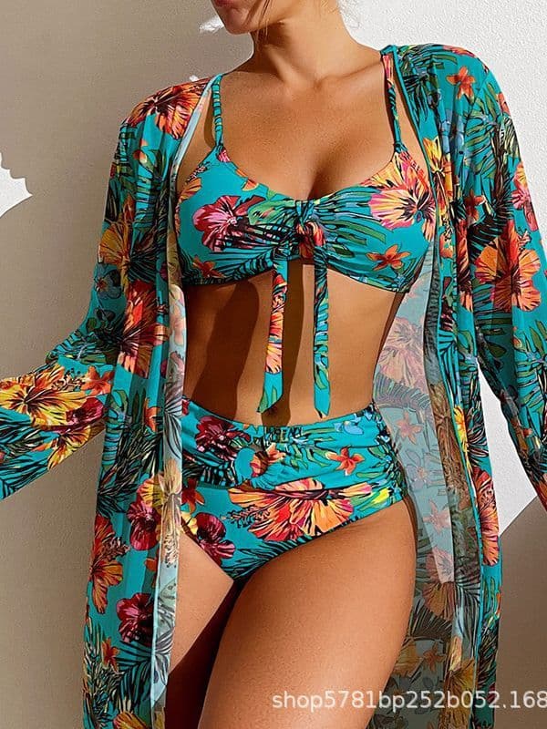 image-Women's 3-Piece Bikini Set - Green Long Sleeve Cover-Up