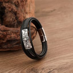 image-Cross-border accessories wholesale European and American simple men's stainless steel leather bracelet hip-hop retro multi-layer braided leather bracelet