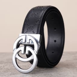 image-Men's Genuine Leather Belt - Black Smooth Buckle