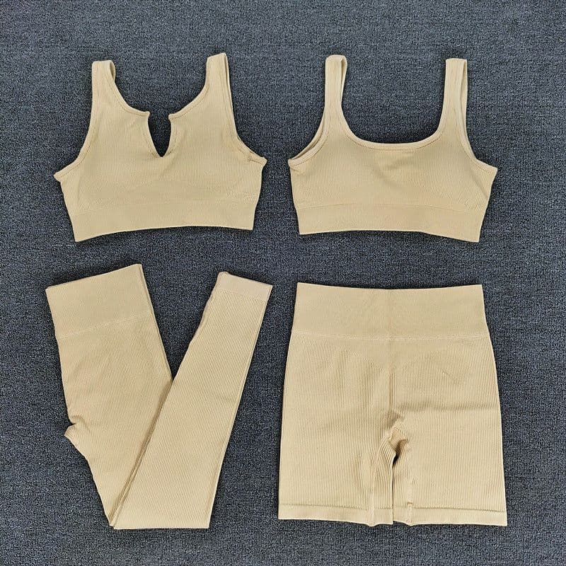image-2021 Yoga Suit - Brown Four-Piece Set, Short Sleeve, Leggings, Size S