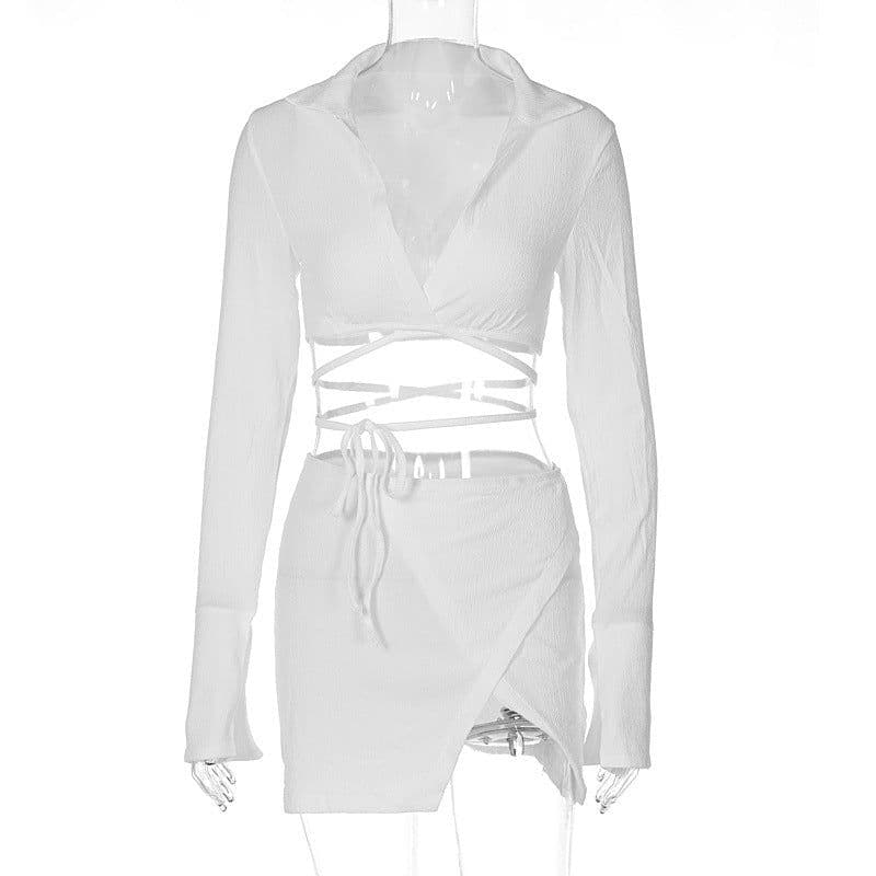 image-European and American women's clothing 2022 summer new fashion cardigan long-sleeved lapel top slim short skirt suit wholesale