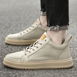 image-Two-layer cowhide men's shoes autumn new flat-heel soft-soled shoes trendy all-match breathable genuine leather casual leather shoes beige