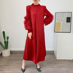 image-Royal Blue Pleated Long Dress - Polyester Loose Fit