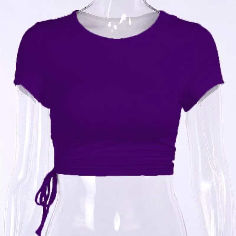 image-2022 Summer European and American New Sexy Navel T-Shirt Women's Side Tether Hollow Slim Slim Solid Color Cotton Short Sleeves