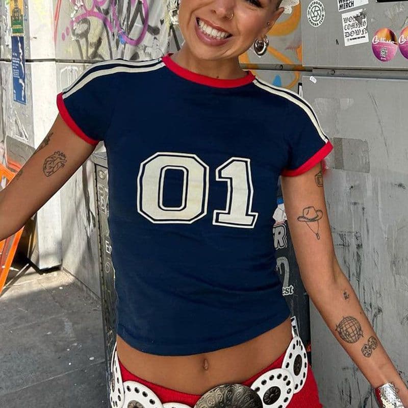 image-European American Y2K Blue Crop Top - Slim Fit