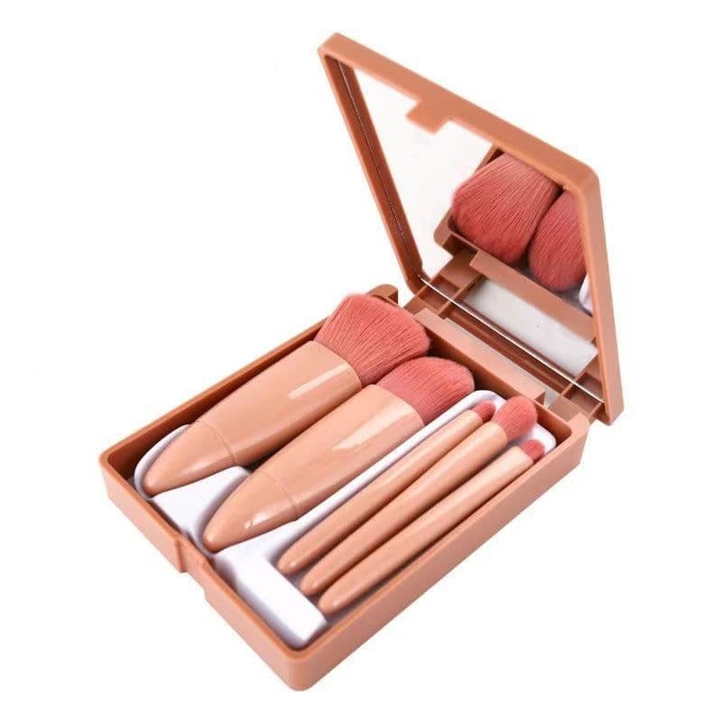image-Makeup Brush Set 5pcs Pink Heart with Mirror