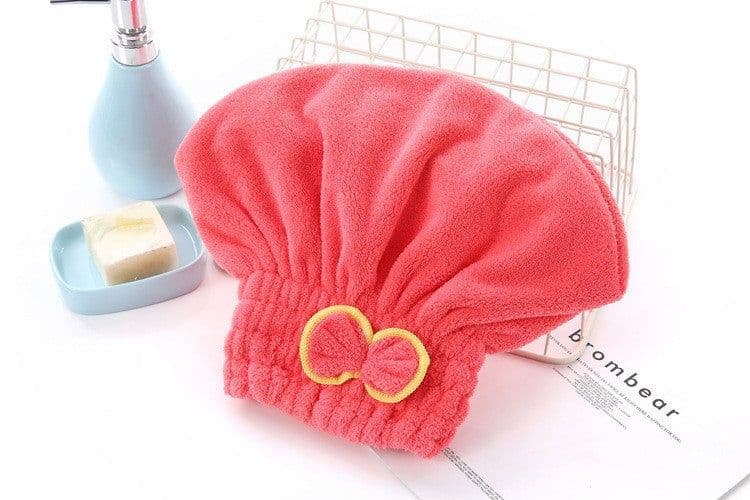 image-Coral Fleece Dry Hair Cap - Princess Bow Pink