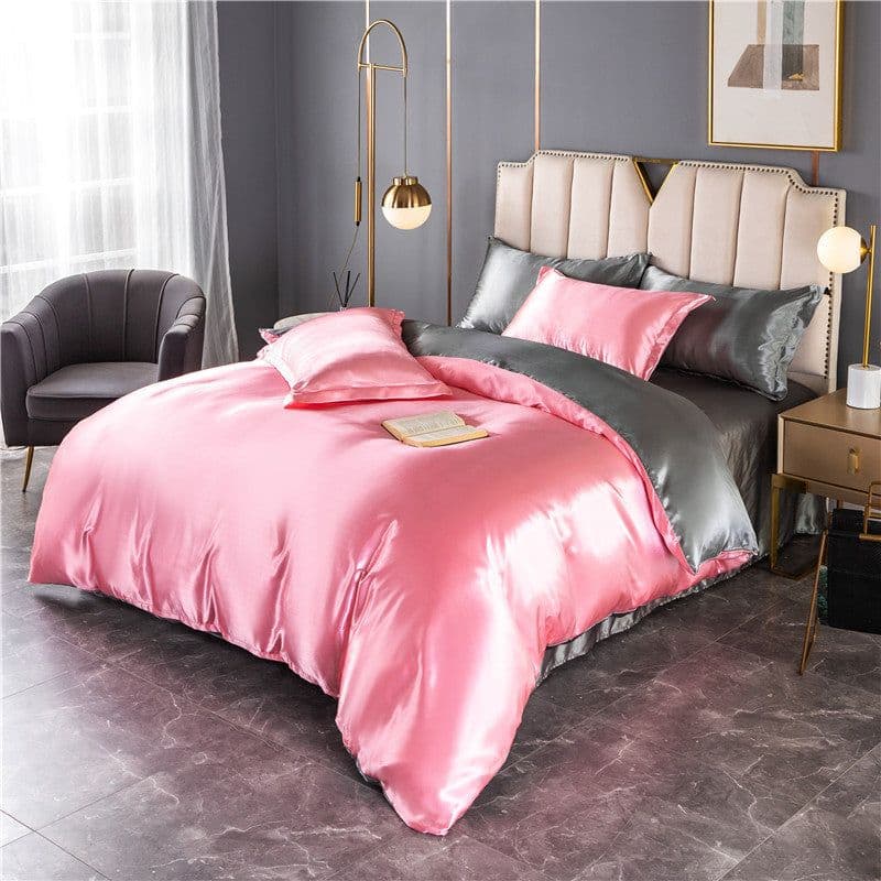 image-4-Piece Ice Silk Bedding Set - Pink Silver Gray