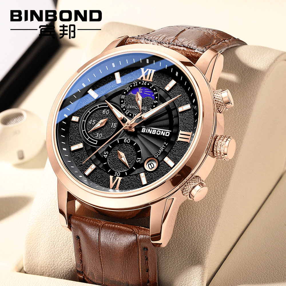 image-BINBOND B6187 Quartz Chronograph Watch - Black 42mm