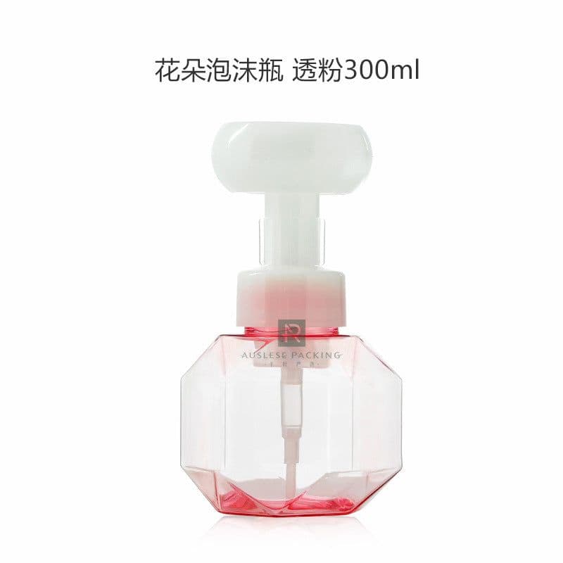 image-PetG Foam Sanitizer Bottle 300ml Flower Shape - Transparent Cosmetic Packaging
