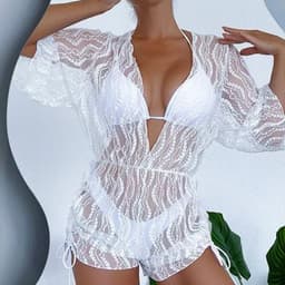 image-2023 Cross-Border Bikini Set, Beige, XL, Mesh, Waist Drawstring