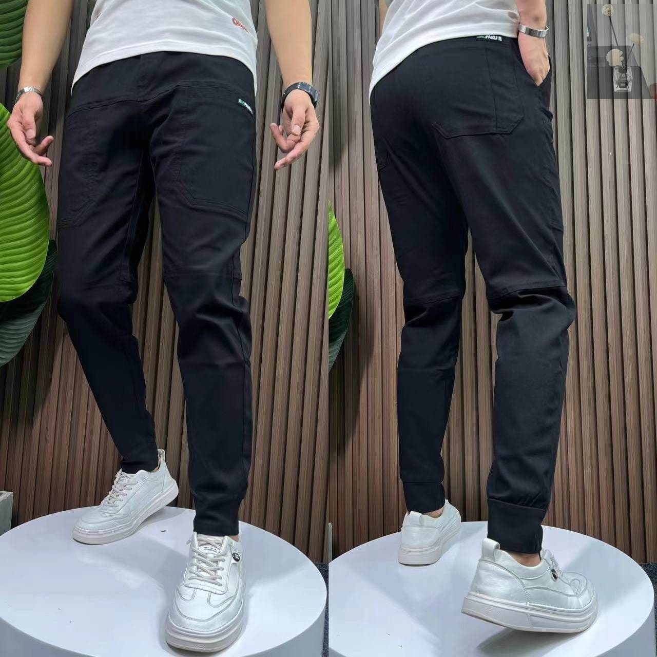 image-Men's Casual Pants - Black Straight Fit High Elastic