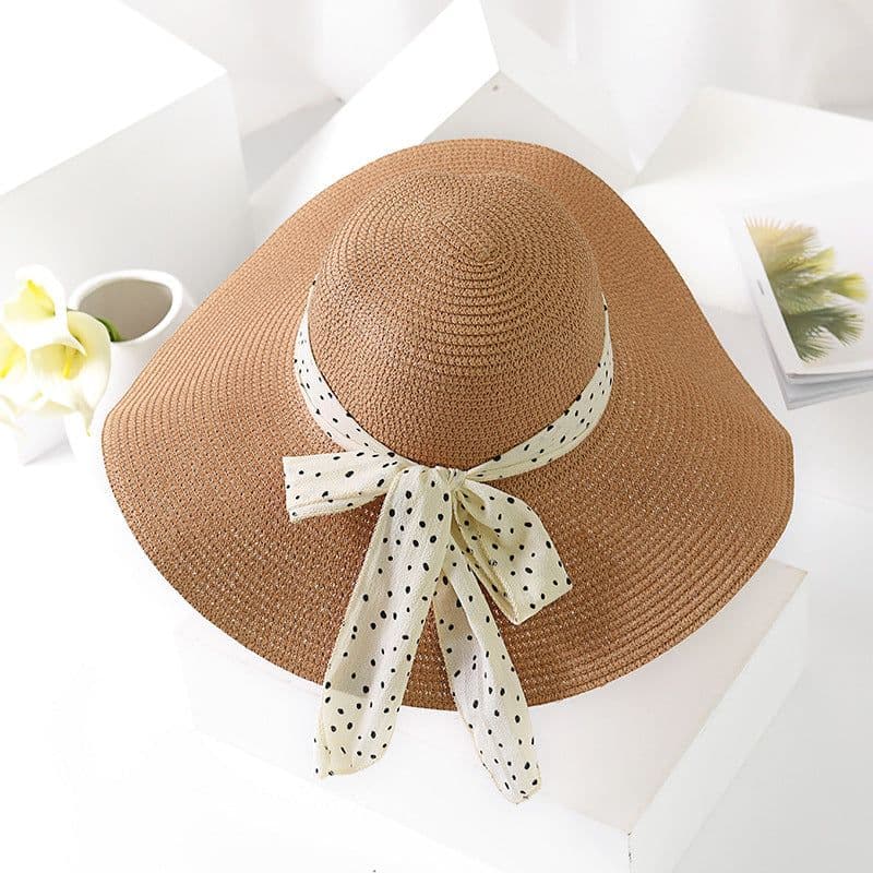 image-Women's Chiffon Straw Brim Hat - Khaki/Apricot Summer Beach Sunshade