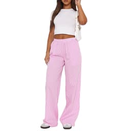 image-Women's Striped Wide-leg Trousers - Light Blue Casual