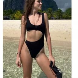 image-Women's One-Piece Swimsuit - Black Polyester Solid