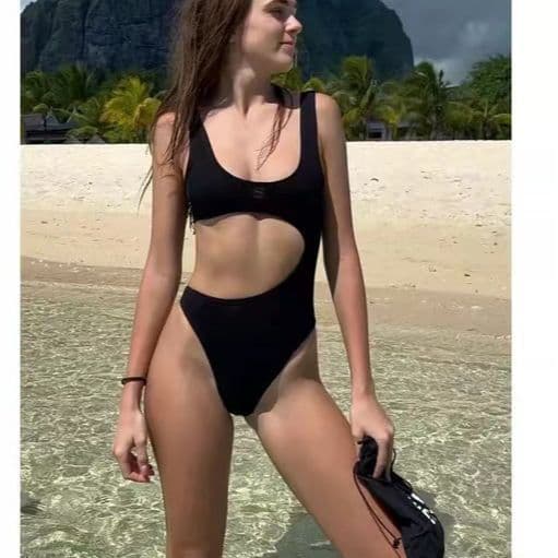 image-Women's One-Piece Swimsuit - Black Polyester Solid