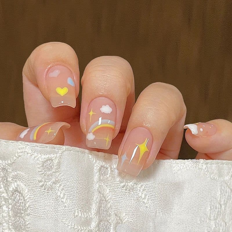 image-Winter fresh and simple pure lust style bride dance wear nails rainbow love rose fake nails wholesale