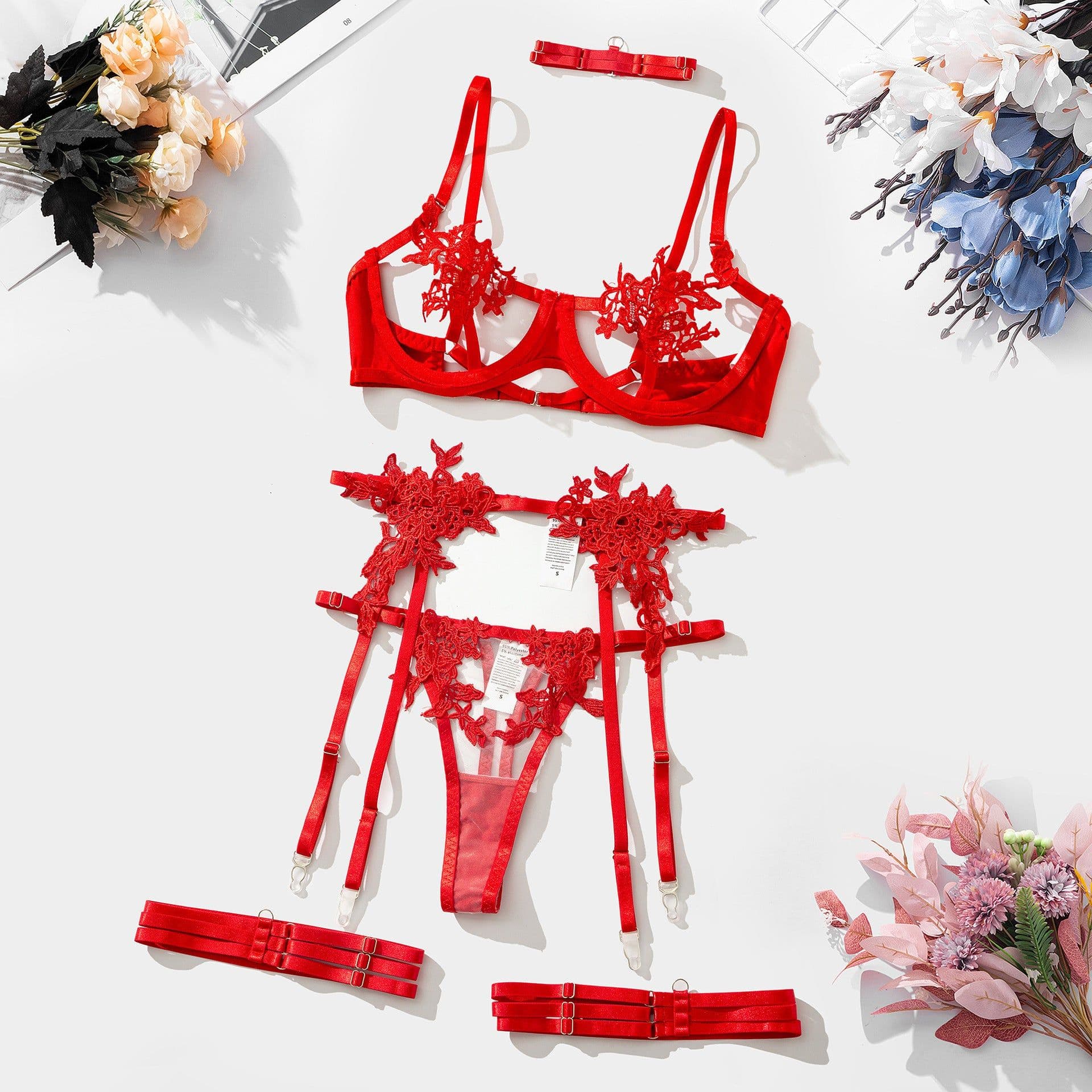 image-European High-End Sexy Mesh Bra Set - Pink L Size
