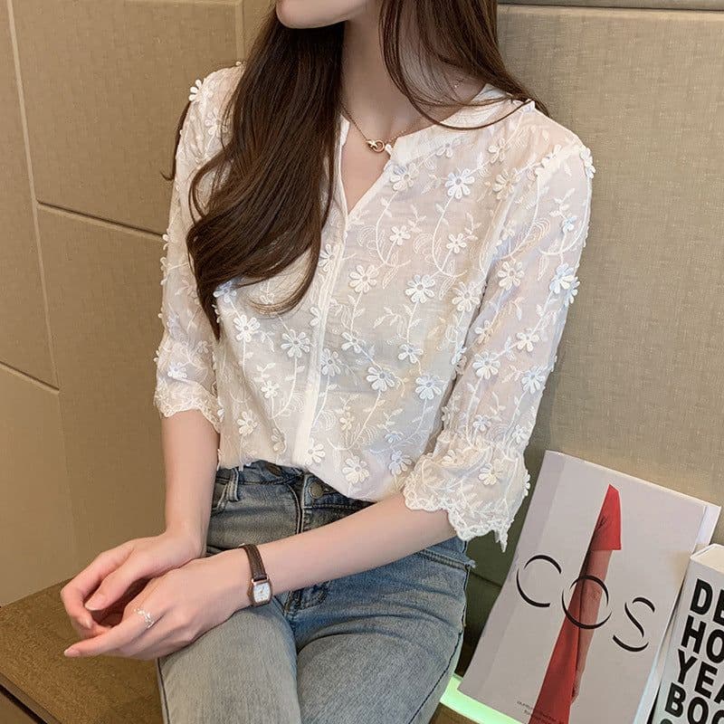 image-Women's 2023 Japanese V-Neck Embroidered Shirt - White, Slim