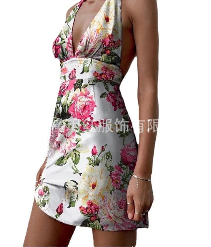 image-2023 European and American summer beach vacation sexy backless sleeveless trendy short tie dress