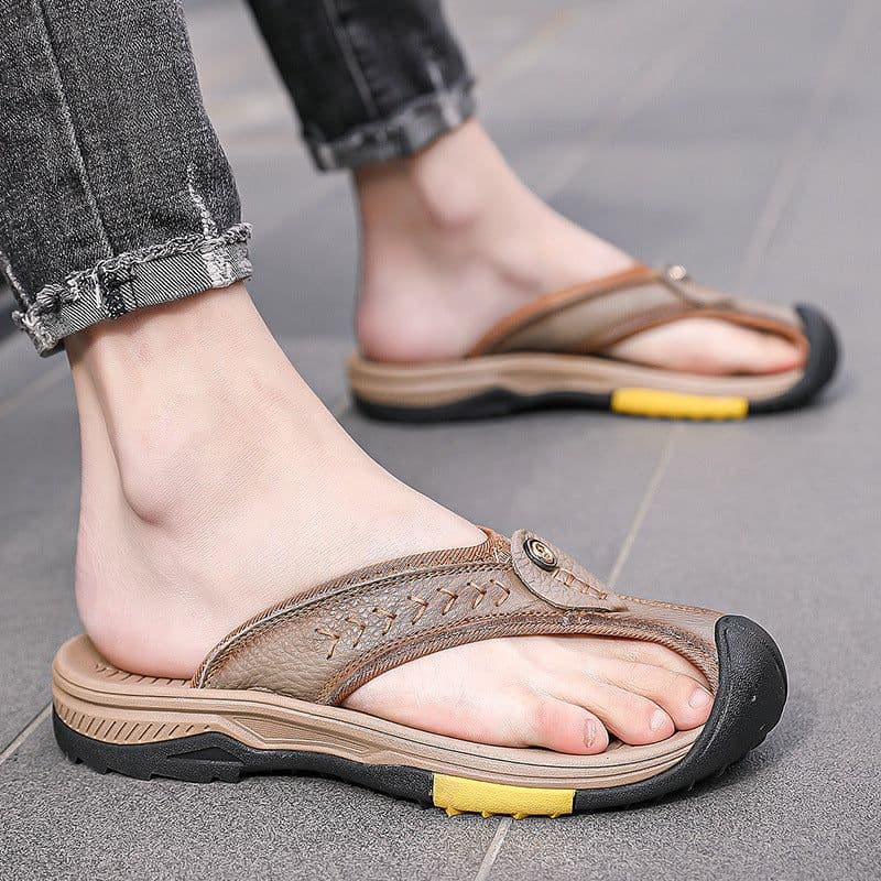 image-Men's Cowhide Flip Flops - Apricot Size 46 Casual