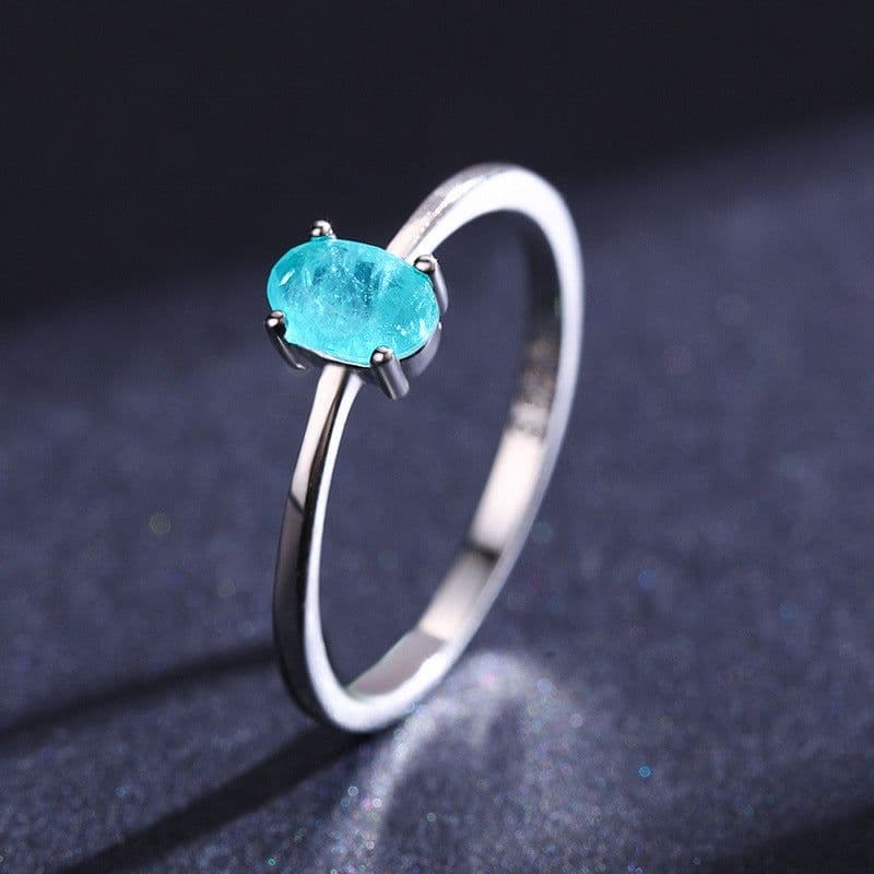 image-Simple s925 sterling silver egg-shaped imitation Paraiba tourmaline ring female European and American INS popular fine ring cross-border jewelry