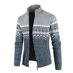 image-Dark Gray Stand Collar Cardigan With Velvet Thickened Knit Sweater Jacket 3XL