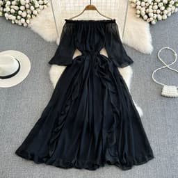 image-Seaside Skirt - Navy Ruffled Chiffon Dress, Commuting, One Shoulder, Midi