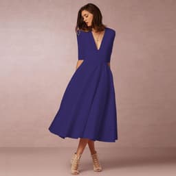 image-Women's Midi Dress - Rose Red V-Neck Swing Dress