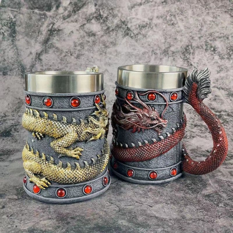 image-Chinese Dragon Beer Mug - Stainless Steel 550ml Gold