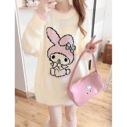 image-Women's Rabbit Knit Sweater - White Loose Fit POLO Collar