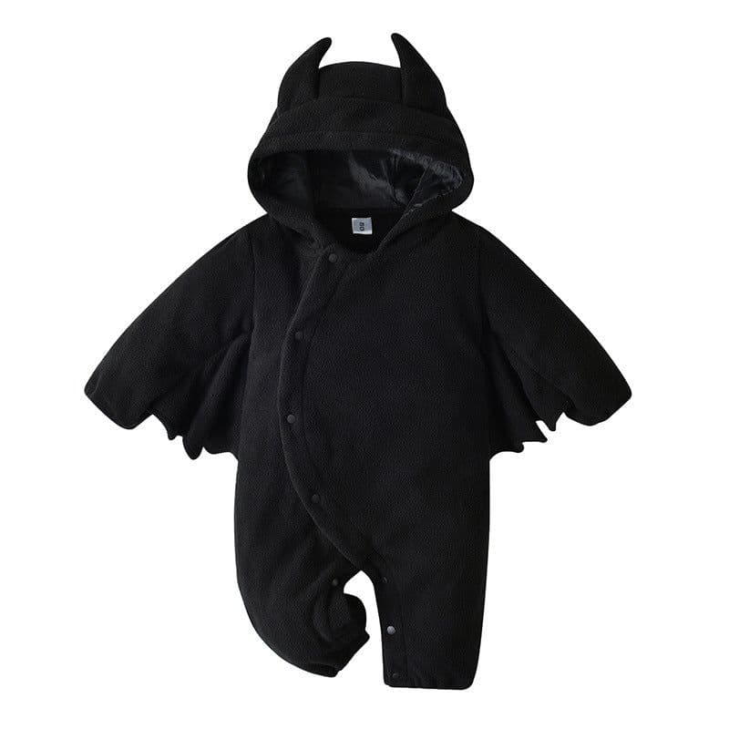 image-Children's Halloween Bat Costume Romper - Black Hooded Onesie