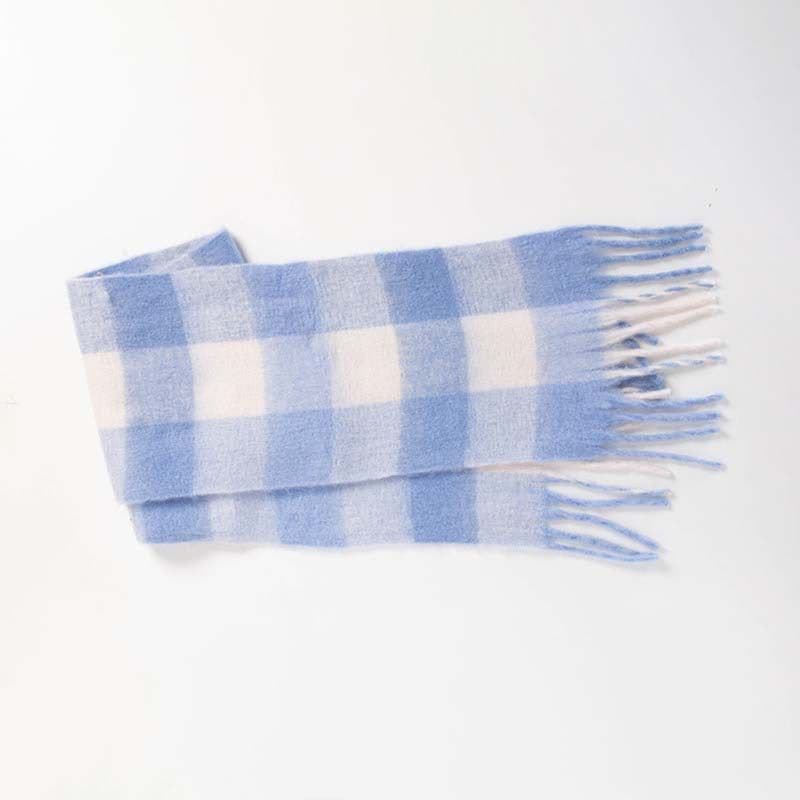 image-Plaid Knit Scarf - Blue Rose White 240x35cm Warm