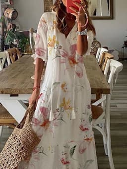 image-2022 Women's Floral V-neck Printed Dress - White 3XL