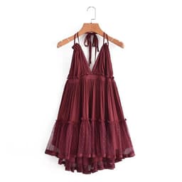 image-Foreign Trade 2022 Summer New European and American V-neck Waist Slim Hem Mesh Stitching Backless Suspender Dress Women