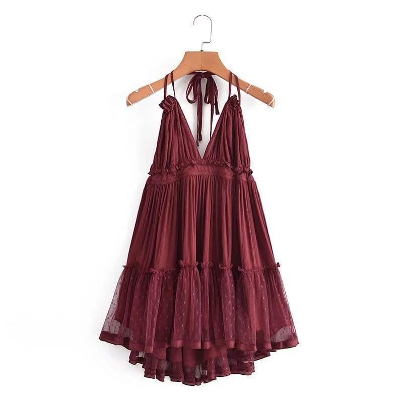image-Foreign Trade 2022 Summer New European and American V-neck Waist Slim Hem Mesh Stitching Backless Suspender Dress Women