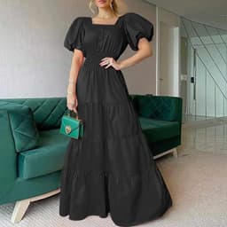 image-2022 Summer Ladies Dress Amazon Sundress Square Neck Puff Sleeve Maxi Dress Casual Beach Dress