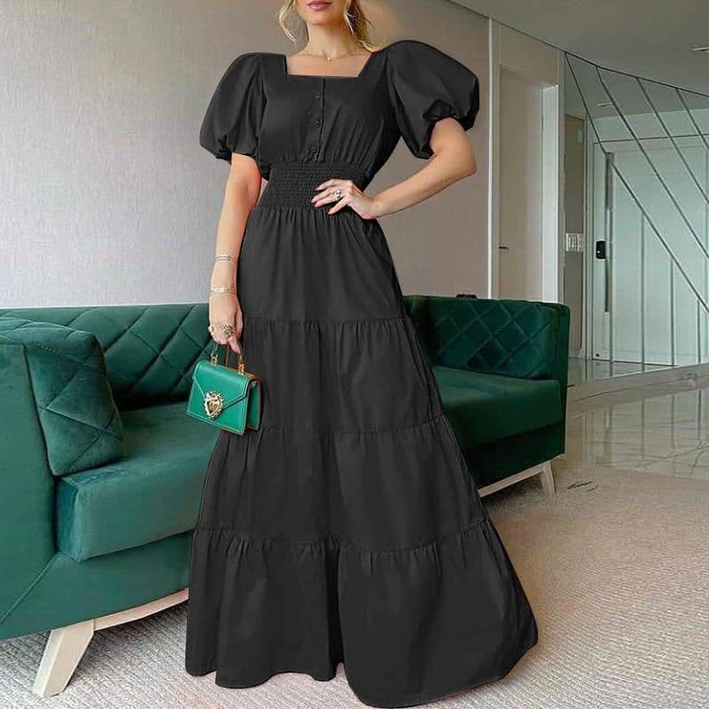 image-2022 Summer Ladies Dress Amazon Sundress Square Neck Puff Sleeve Maxi Dress Casual Beach Dress