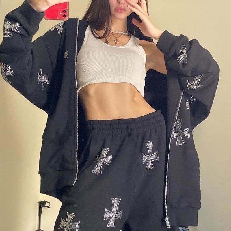 image-European and American station cross-border women's autumn new 2023 European and American loose top cross ironing diamond zipper hooded sweater