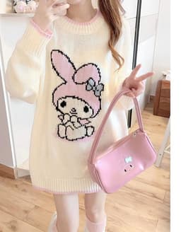 image-Women's Rabbit Knit Sweater - White Loose Fit POLO Collar