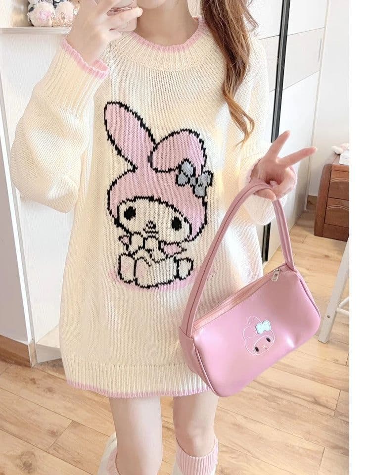 image-Women's Rabbit Knit Sweater - White Loose Fit POLO Collar