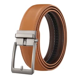 image-Men's Genuine Leather Plaid Snap Belt - Grey, 130cm Automatic Buckle