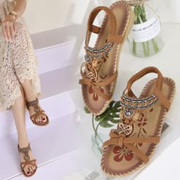 image-Ruilian 2023 Apricot Beach Sandals - Rhinestone Flat Open Toe TPR Sole, Large Size