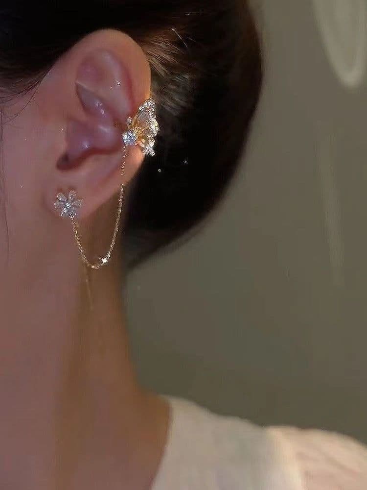 image-Elegant Butterfly Flower Tassel Ear Clips for Women - EJ023 Gold