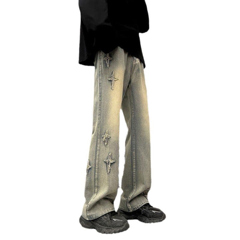 image-Yellow mud cross jeans men's spring and autumn national trend oversize pants handsome loose micro-flared wide-leg pants